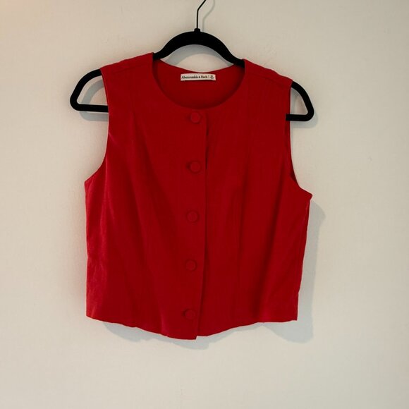 Abercrombie & Fitch Cropped Linen-Blend Button-Through Vest | Red | Size Medium - Picture 1 of 4